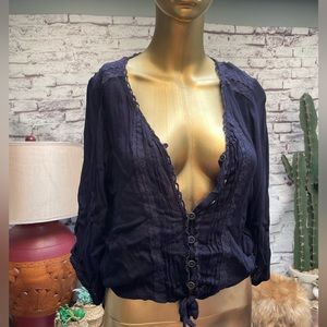 Navy blue button up boho top